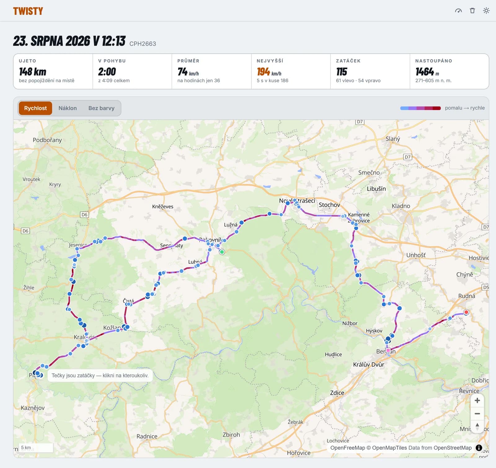 Detail jízdy v prohlížeči: hlavička s šesti čísly (148 km, 2:00 v pohybu, průměr 74 km/h, nejvyšší 194, 115 zatáček, 1 464 m nastoupáno) a pod ní mapa Rakovnicka se stopou obarvenou podle rychlosti a s tečkami zatáček.