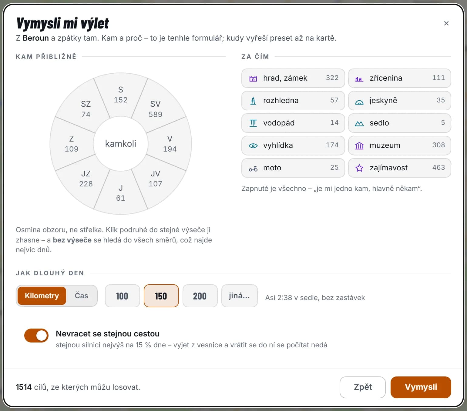 Okno Vymysli mi výlet s podtitulkem Z Beroun a zpátky tam. Vlevo kolečko směrů s počty cílů: sever 152, severovýchod 589, východ 194, jihovýchod 107, jih 61, jihozápad 228, západ 109, severozápad 74, uprostřed kamkoli. Vpravo deset druhů cíle s počty, od hrad, zámek 322 po sedlo 5. Dole délka dne v kilometrech s vybranými 150 a větou Asi 2:38 v sedle, bez zastávek, zapnutý přepínač Nevracet se stejnou cestou a v patičce 1514 cílů, ze kterých můžu losovat, s tlačítky Zpět a Vymysli.