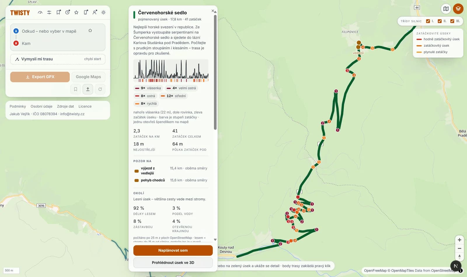 Karta pojmenovaného úseku Červenohorské sedlo: 17,8 km, 41 zatáček, profil poloměrů, rozpad podle stupňů, upozornění a rozbor okolí; na mapě je každá zatáčka očíslovaná svým stupněm.